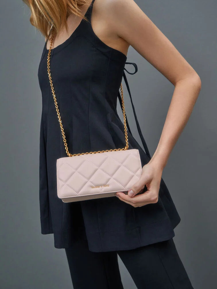 Charles & Ke*th - Paffuto Chain Handle Quilted Long Wallet - Light Pink & Dark Green (AD-SEP)