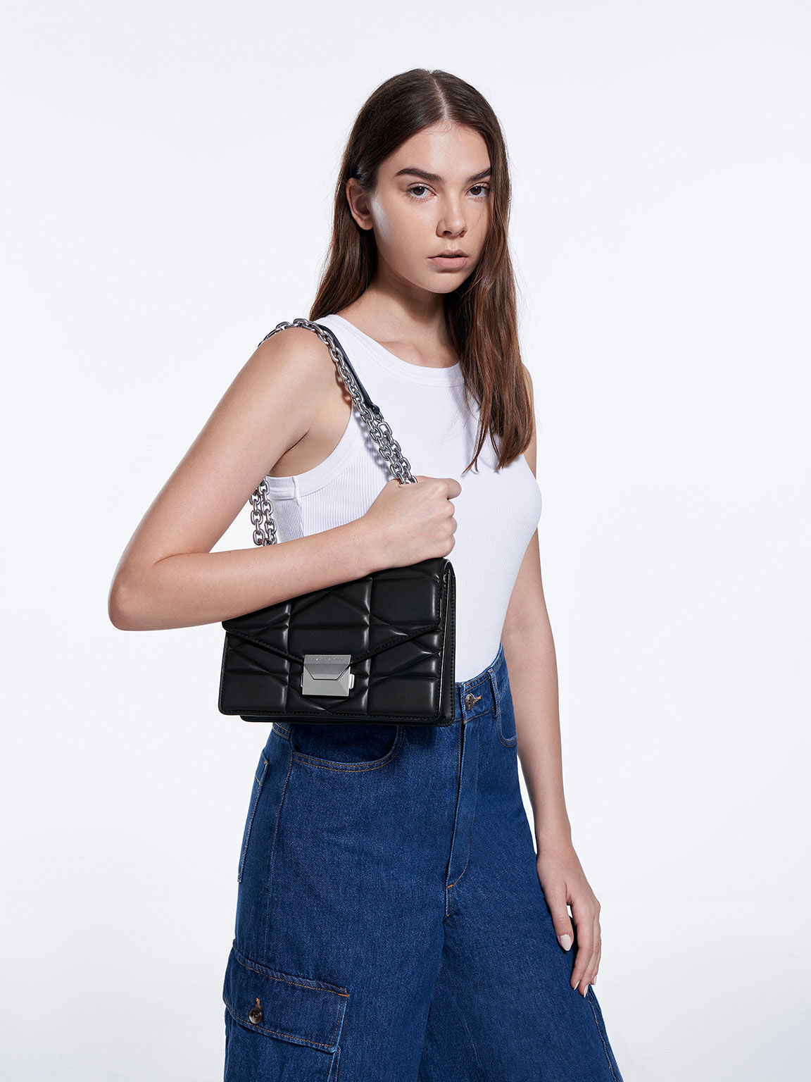Charles & Ke*th - Blanche Chevron Chain Handle Bag - Noir (AD-Sep)
