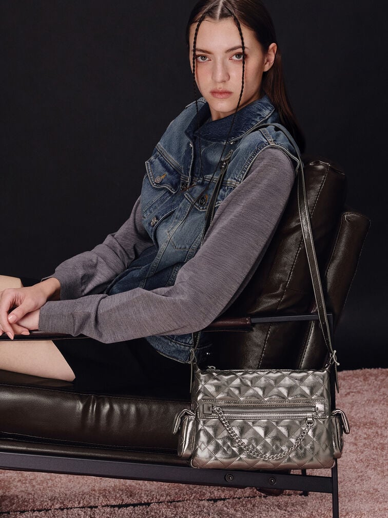 Charles & Ke*th - Duo Metallic Quilted Shoulder Bag - Pewter (AD-SEP)