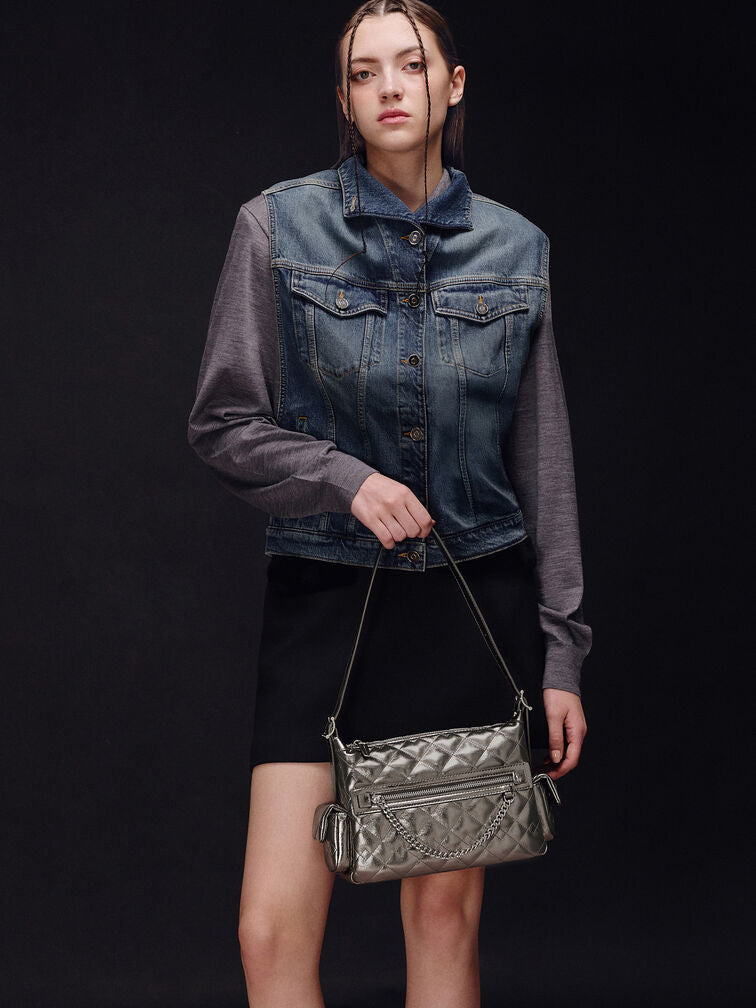 Charles & Ke*th - Duo Metallic Quilted Shoulder Bag - Pewter (AD-SEP)