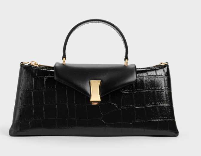 Charles & Ke*th - Lilibet  Croc-Effect Elongated Top Handle Bag - Black-(AD-JUN26-JFR)