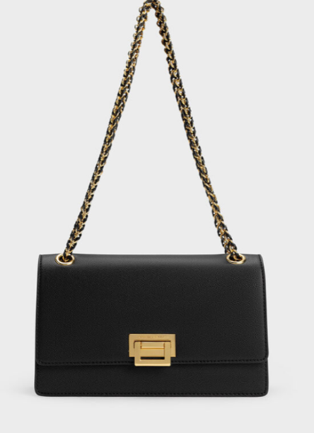 Charles & Ke*th - Metallic Accent Front Flap Bag - Black Texture -(AD-JUN16-LTPT)