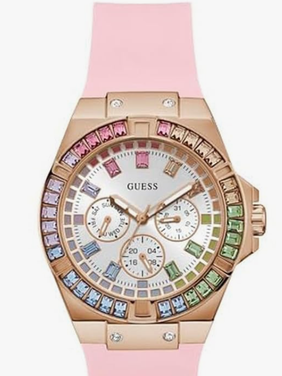 Gues* - Silicone Women Ladies 39Mm Analog Watch - Pink Strap White Dial Rose Gold Tone Case, Pink Band - Pink\Gold - [Advance Payment 5k]