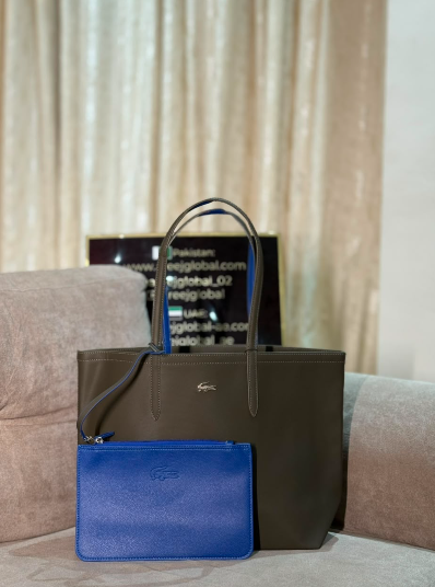 Lacost* - Women's Anna Reversible Tote & Pouch - Olive Green\Blue - (AD-DEC-Y1)