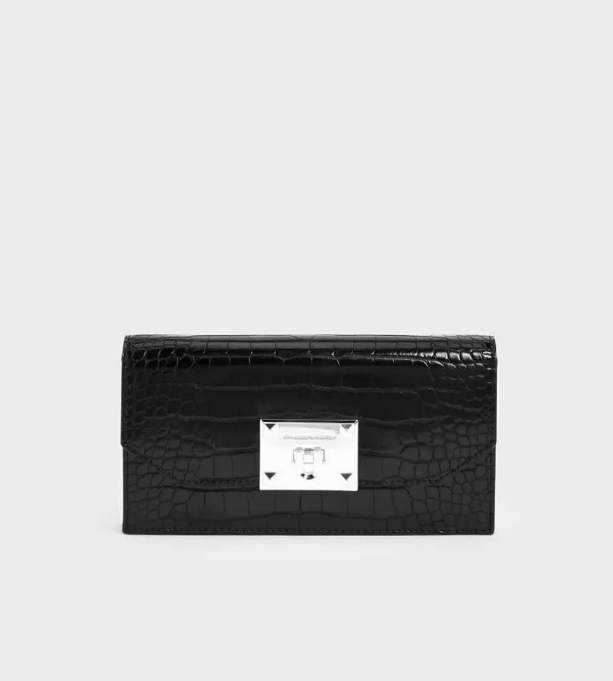 Charles & Ke*th -  Croc-Effect Push Lock Flap Wallet - Black