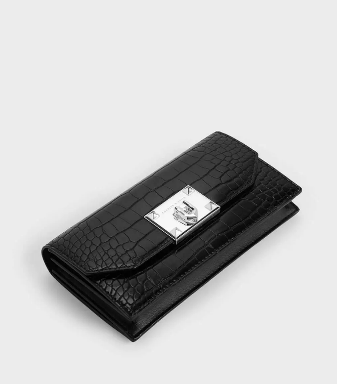 Charles & Ke*th -  Croc-Effect Push Lock Flap Wallet - Black