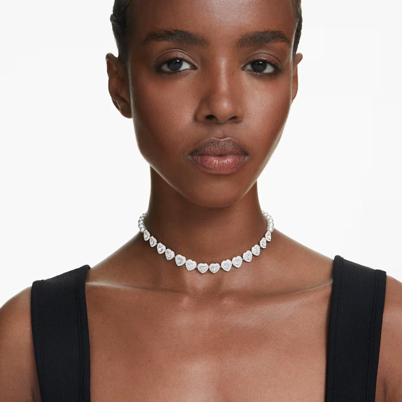Swar*vski -Tennis choker-Mixed cuts, Crystal pearl, Heart, White, Rhodium plated- 5720861 (AD-Oct) (2025 PACKAGING)